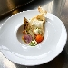 -Bruschetta di riso con belga piastrata, formaggio aromatizzato al lime, patata viola cips e gel�e di pomodoro - -