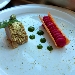 -Trancio di maiale con crosta aromatizzata alle erbe, mezzo cannolo con torcione di purea alla rapa rossa e gel� agli asparagi - -