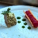 -Trancio di maiale con crosta aromatizzata alle erbe, mezzo cannolo con torcione di purea alla rapa rossa e gel� agli asparagi - -