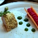 -Trancio di maiale con crosta aromatizzata alle erbe, mezzo cannolo con torcione di purea alla rapa rossa e gel� agli asparagi - -
