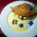 Crespelle di riso e lenticchie - -dal crudo del riso e delle lenticchie un mix per delle crespelle il tutto farcito con melanzane a tocchetti sale e pepe, mozzarella di bufala e sservite con crema di parmigiano scaglie di tartufo e turchesi di borragine