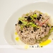 -Risotto all'aglianico del vulture alle erbette campestri, suino nero lucano al finocchietto selvatico e polvere di olive infornate di Ferrandina in colatura di Provola affumicata di Bufala. - -