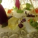 Carpaccio di baccal� con petali di cipolla, smetana, uova di salmone fresche, salsa di soia, gelatina di alloro e germogli di crescione - -