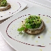 Cialda di pizza con farine integrali petra con slice di bufala campana DOP, broccoletti baresi saltellati con gamberi rossi di Mazara - -