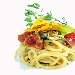 Spaghettone trafilato a bronzo con pomodorini confit, fior di zucchine di campo e mollica di pane tostato - -