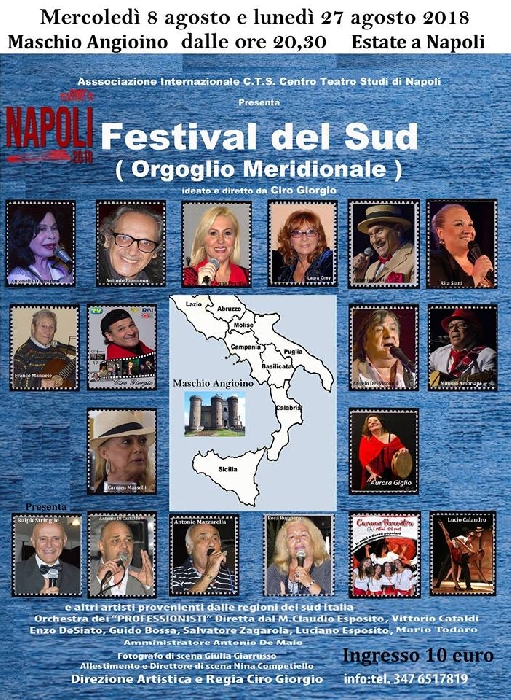 -locandina festival del sud - immagine in primo piano dell'Articolo: Per Estate a Napoli appuntamento con la grande tradizione canora con il Festival del Sud “Orgoglio Meridionale”
Appuntamento l'8 e 27 agosto 2018 ore 21.00 al Maschio Angioino
immagine in primo piano