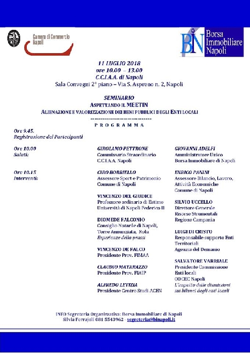 immagine in primo piano della News: Dismissione e Valorizzazione degli immobili degli enti locali, un seminario della Borsa Immobiliare di Napoli mercoledì 11 luglio 2018 alle ore 10 nella Sala Convegni della Camera di Commercio di Napoli immagine in primo piano