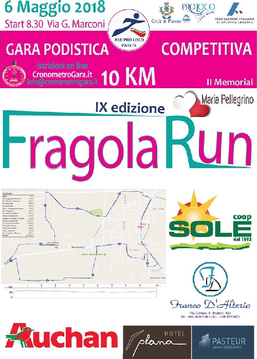 Fragola Run 6 maggio a Parete - immagine in primo piano dell'Articolo: Puntuale anche quest’anno torna la manifestazione sportiva FRAGOLA RUN, l’ambita gara podistica della città casertana di Parete, giunta alla sua IX edizione con quasi 1000 atleti provenienti da tutta Italia per la corsa immagine in primo piano