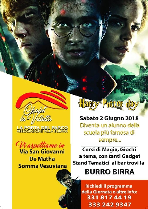 HARRY POTTER DAY, allo Chalet La Villetta, sabato 2 giugno dalle 16 alle 22 - immagine in primo piano dell'Articolo: La scuola di Hogwarts e la magia del maghetto più amato arrivano a Somma Vesuviana con la serata dedicata a Harry Potter sabato 2 giugno dalle ore 16 alle 22 presso lo Chalet La Villetta del paese vesuviano immagine in primo piano