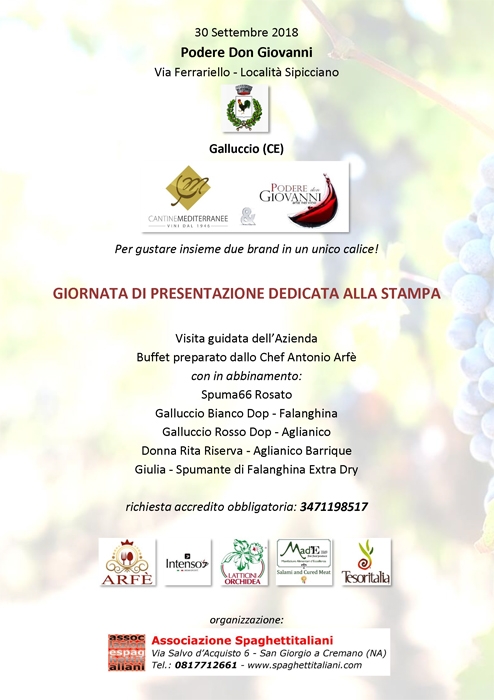 Per gustare insieme due brand in un unico calice! - immagine in primo piano dell'Articolo: 30/09 - Galluccio (CE) - Cantine Mediterranee e Podere Don Giovanni per gustare insieme due brand in un unico calice! - SOLO PER LA STAMPA immagine in primo piano
