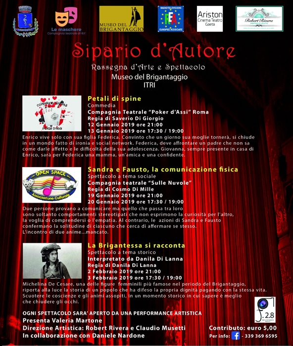 Sipario d'Autore - immagine in primo piano dell'Articolo: Sipario d'Autore ad Itri (LT) il 12 e 13 gennaio, il 19 e 20 gennaio e il 2 e 3 febbraio - Candidato al immagine in primo piano