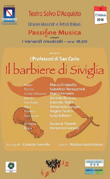 - - immagine in primo piano dell'Articolo: Il 23 febbraio alle 18 al Teatro Salvo D’Acquisto va in scena “Il Barbiere di Siviglia”, opera immortale del maestro Rossini, nella versione ridotta su un libero adattamento del libretto di Domenico Sodano immagine in primo piano